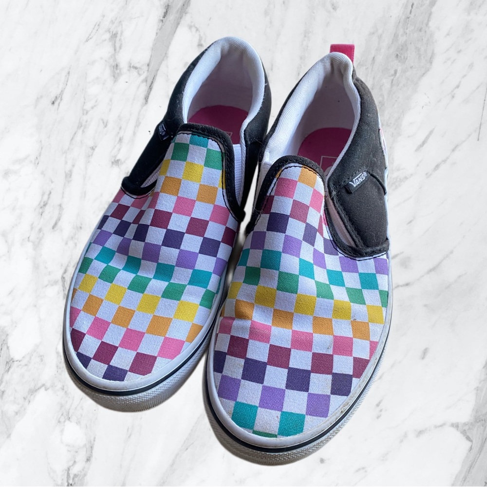 Vans Girl's Asher Party Check Multicolor Canvas Slip On Missy size 4